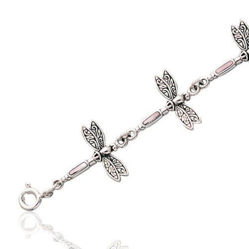 Dragonfly Link Silver Bracelet with Pink Shell