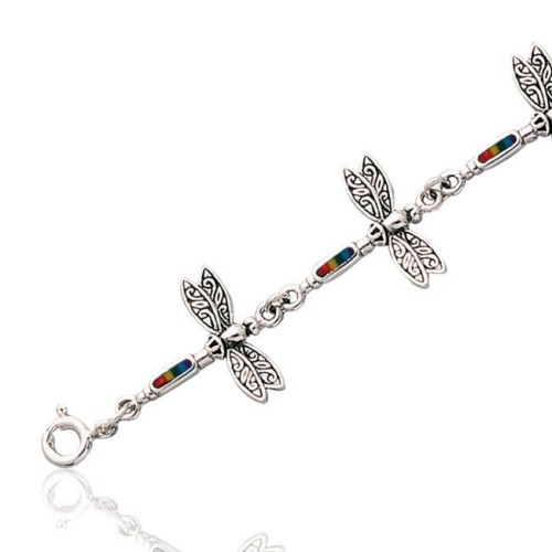 Dragonfly Link Silver Bracelet with Rainbow