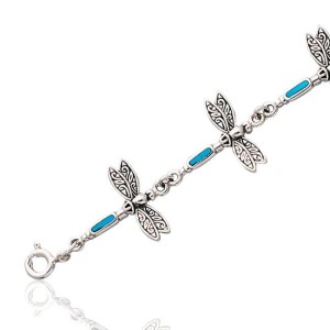 Dragonfly Link Silver Bracelet with Turquoise