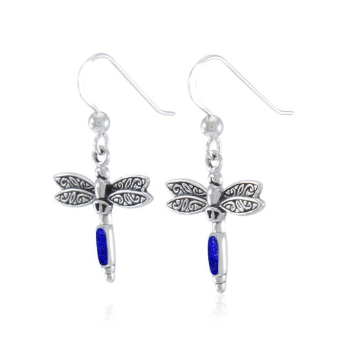 Dragonfly Silver and Lapis Gem Earrings