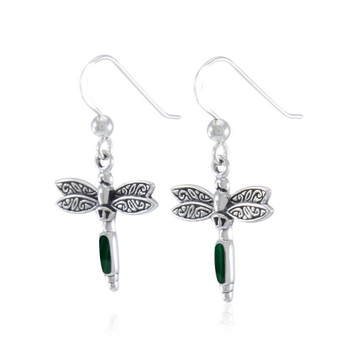 Dragonfly Silver and Malachite Gem Earrings