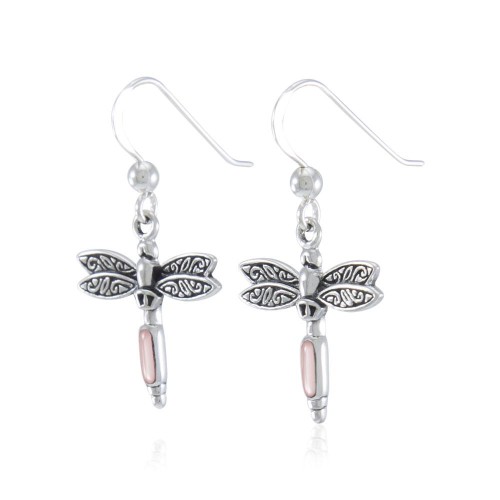 Dragonfly Silver and Pink Shell Gem Earrings