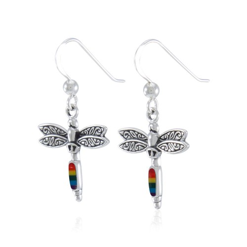 Dragonfly Silver and Rainbow Enamel Gem Earrings