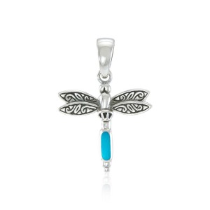 Dragonfly Silver Pendant with Turquoise Gem