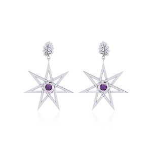 Elven Star and Oak Leaf Post Earrings with Amethyst