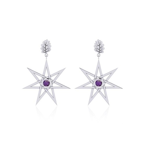 Elven Star and Oak Leaf Post Earrings with Amethyst