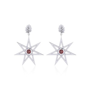 Elven Star and Oak Leaf Post Earrings with Garnet