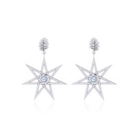 Elven Star and Oak Leaf Post Earrings with Rainbow Moonstone