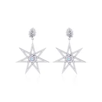 Elven Star and Oak Leaf Post Earrings with Rainbow Moonstone