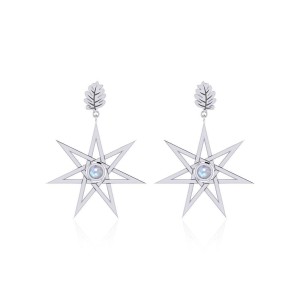 Elven Star and Oak Leaf Post Earrings with Rainbow Moonstone