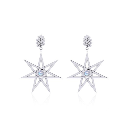 Elven Star and Oak Leaf Post Earrings with Rainbow Moonstone