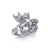 Enchanted Silver Mythical Unicorn Ring with Rainbow Moonstone Gemstone 