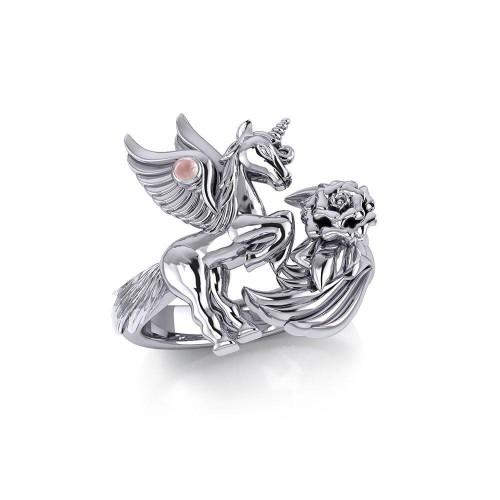 Enchanted Silver Mythical Unicorn Ring with Rose Quartz Gemstone 