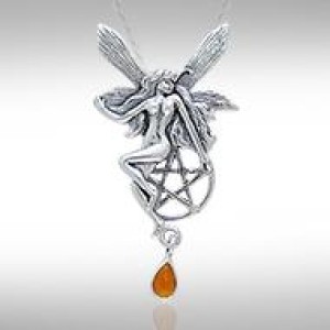Fairy with Pentagram Silver Pendant & Amber Gem
