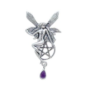 Fairy with Pentagram Silver Pendant & Amethyst Gem