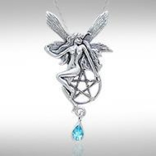 Fairy with Pentagram Silver Pendant & Blue Topaz Gem