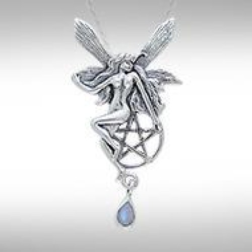 Fairy with Pentagram Silver Pendant & Rainbow Moonstone Gem