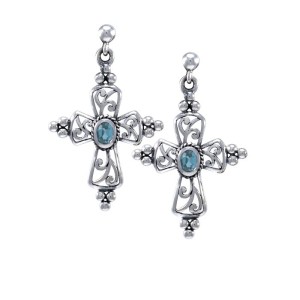 Gothic Cross Blue Topaz Earrings