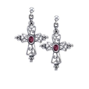 Gothic Cross Garnet Earrings