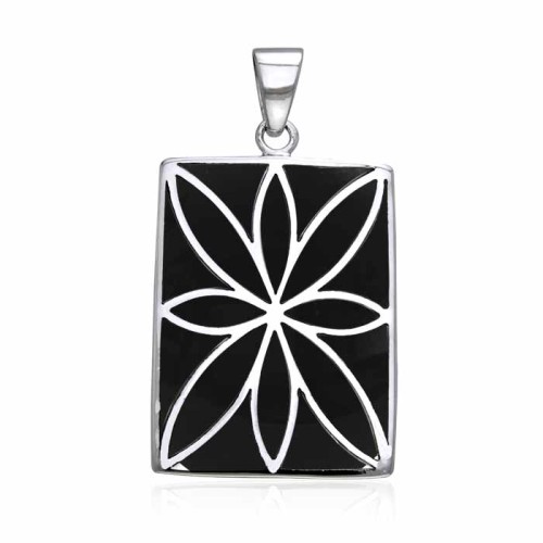 Flower Flat Black Onyx Cabochon Rectangle Pendant 