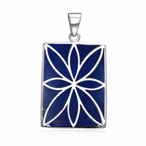 Flower Flat Lapis Cabochon Rectangle Pendant 