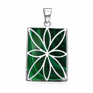 Flower Flat Malachite Cabochon Rectangle Pendant 