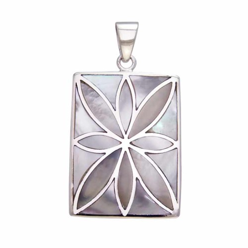 Flower Flat Mother of Pearl Cabochon Rectangle Pendant 
