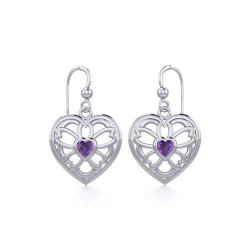 Flower in Heart Silver Earrings with Amethyst