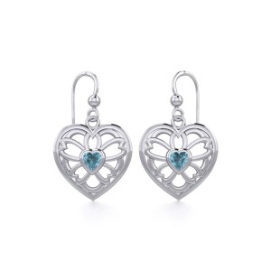 Flower in Heart Silver Earrings with Blue Topaz