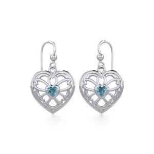 Flower in Heart Silver Earrings with Blue Topaz