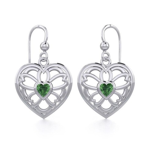 Flower in Heart Silver Earrings with Emerald