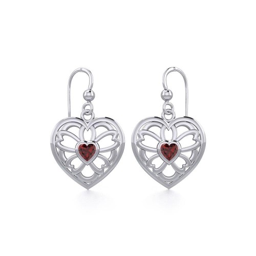 Flower in Heart Silver Earrings with Garnet