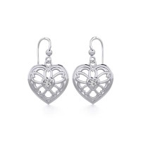 Flower in Heart Silver Earrings with White Cubic Zirconia