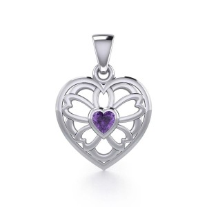 Flower in Heart Silver Pendant with Amethyst