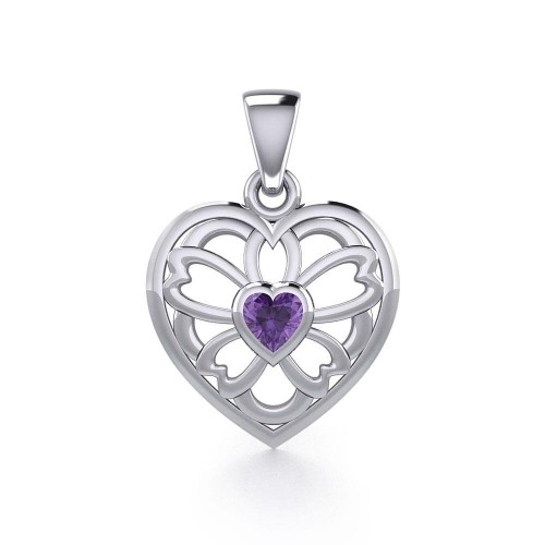 Flower in Heart Silver Pendant with Amethyst