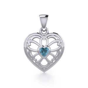 Flower in Heart Silver Pendant with Blue Topaz