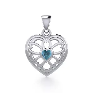 Flower in Heart Silver Pendant with Blue Topaz