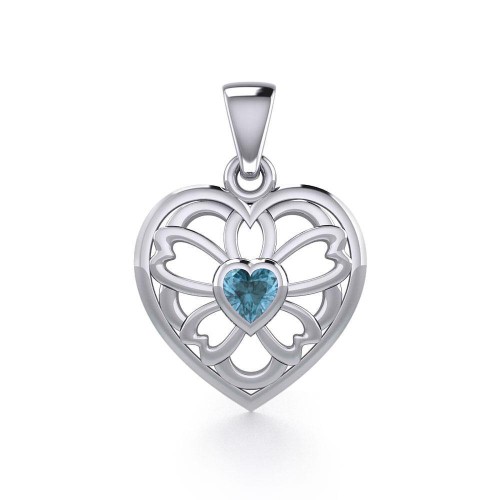 Flower in Heart Silver Pendant with Blue Topaz