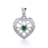 Flower in Heart Silver Pendant with Emerald