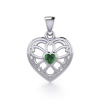 Flower in Heart Silver Pendant with Emerald