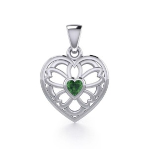 Flower in Heart Silver Pendant with Emerald