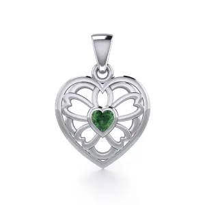 Flower in Heart Silver Pendant with Emerald