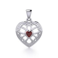 Flower in Heart Silver Pendant with Garnet