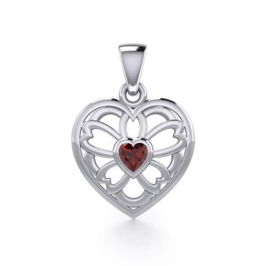 Flower in Heart Silver Pendant with Garnet