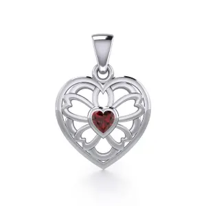 Flower in Heart Silver Pendant with Garnet