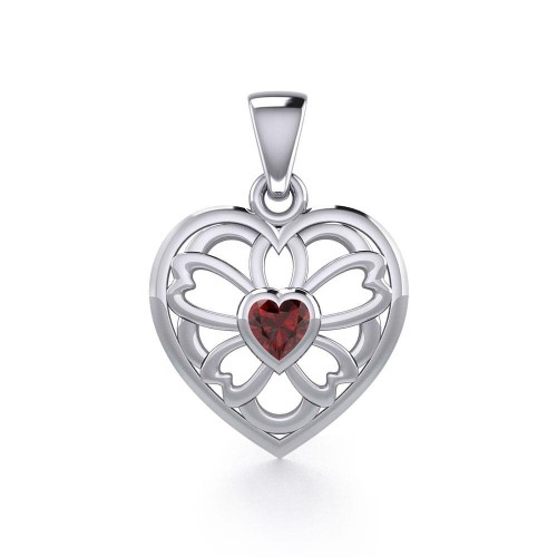 Flower in Heart Silver Pendant with Garnet