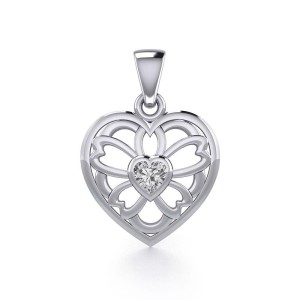 Flower in Heart Silver Pendant with White Cubic Zirconia