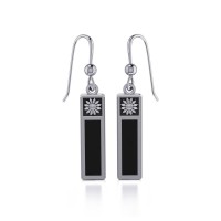 Silver Column Flower Earrings with Black Onyx Inlay 