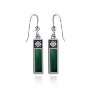 Silver Column Flower Earrings with Malachite Inlay 