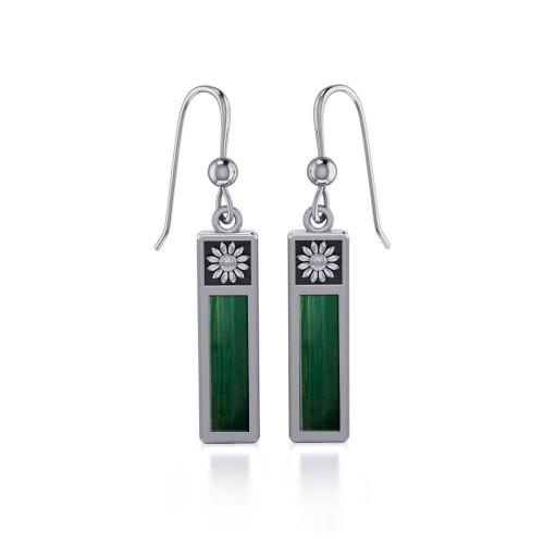 Silver Column Flower Earrings with Malachite Inlay 